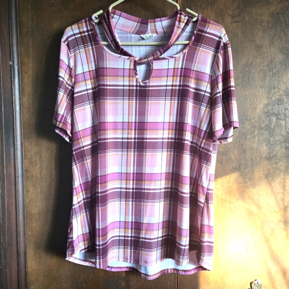 Cato Pink Plaid Cutout Top, PTP=20.75"